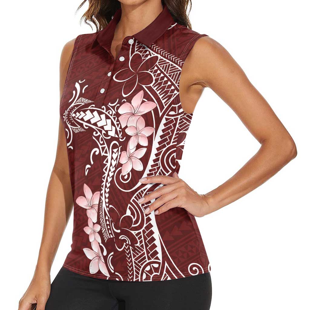 Oxblood Hawaii Women Sleeveless Polo Shirt Hammerhead Shark Tattoo Curve Polynesian - Polynesian Pride