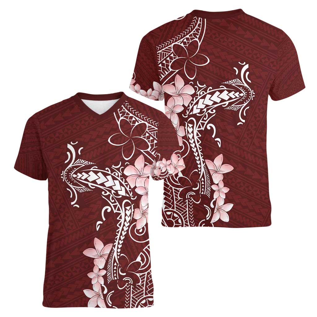 Oxblood Hawaii Women V-Neck T-Shirt Hammerhead Shark Tattoo Curve Polynesian - Polynesian Pride