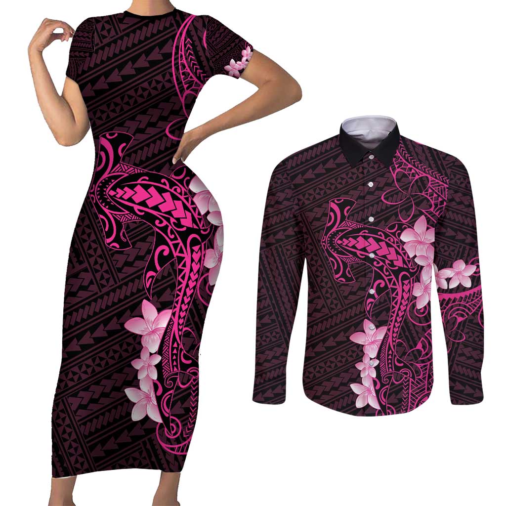 Pink Hawaii Couples Matching Short Sleeve Bodycon Dress and Long Sleeve Button Shirt Hammerhead Shark Tattoo Curve Polynesian - Polynesian Pride