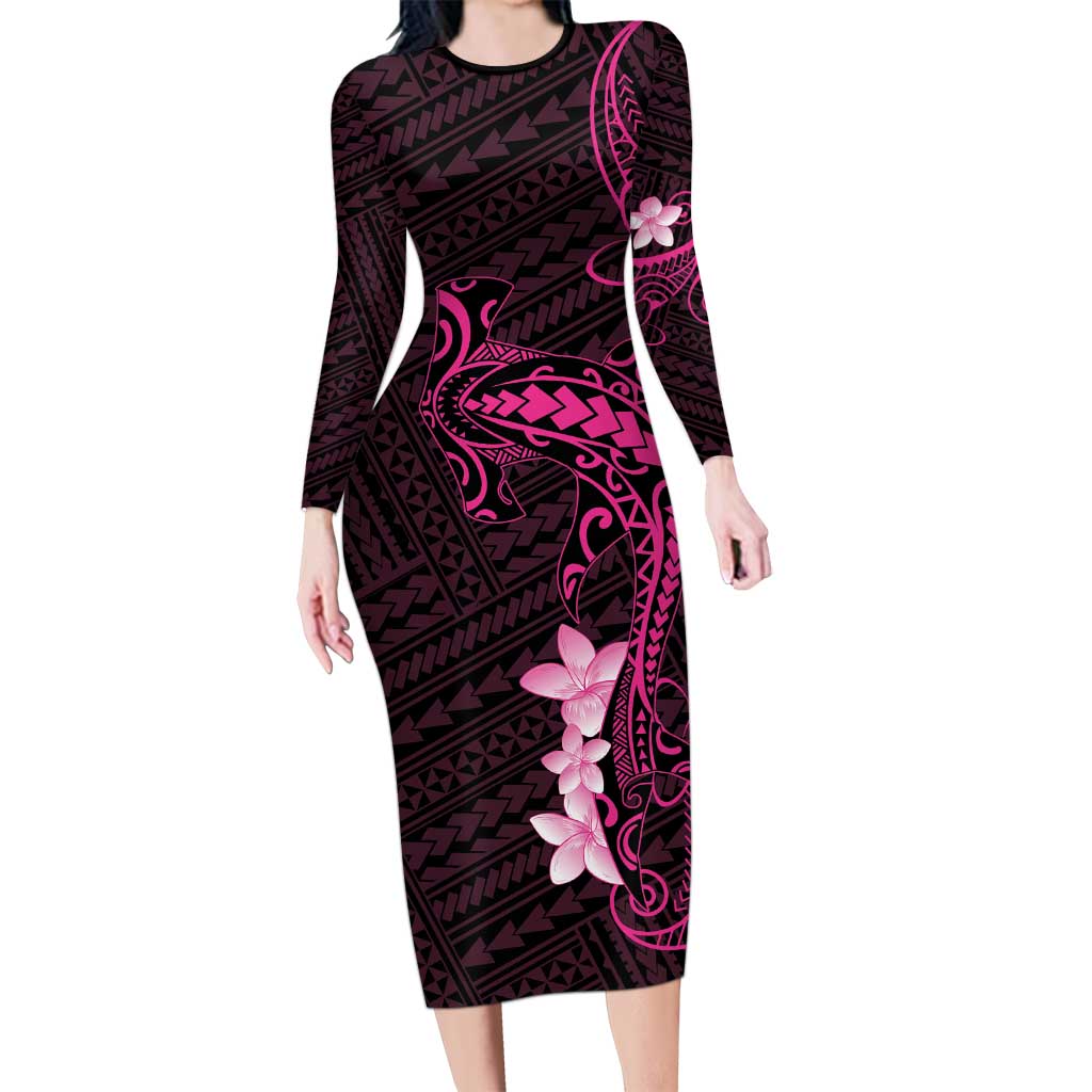 Pink Hawaii Family Matching Long Sleeve Bodycon Dress and Hawaiian Shirt Hammerhead Shark Tattoo Curve Polynesian - Polynesian Pride