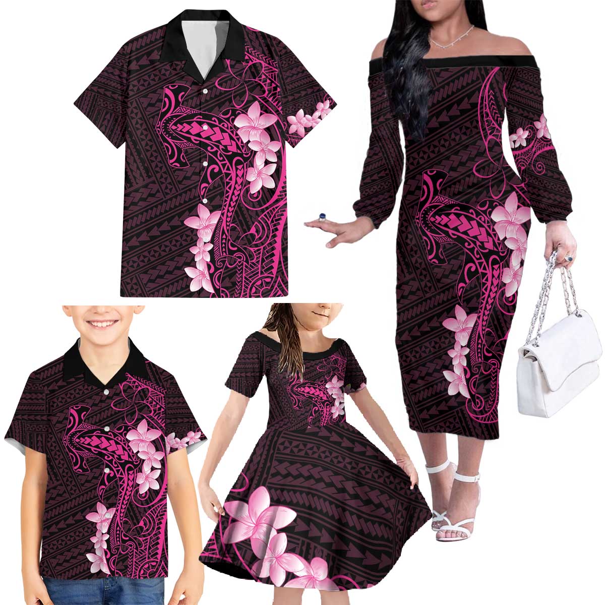 Pink Hawaii Family Matching Off The Shoulder Long Sleeve Dress and Hawaiian Shirt Hammerhead Shark Tattoo Curve Polynesian - Polynesian Pride