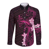 Pink Hawaii Long Sleeve Button Shirt Hammerhead Shark Tattoo Curve Polynesian - Polynesian Pride