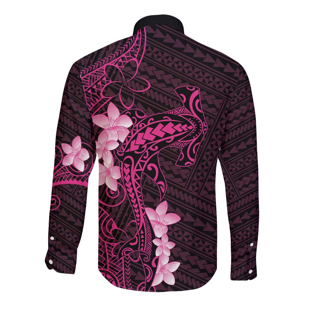 Pink Hawaii Long Sleeve Button Shirt Hammerhead Shark Tattoo Curve Polynesian - Polynesian Pride