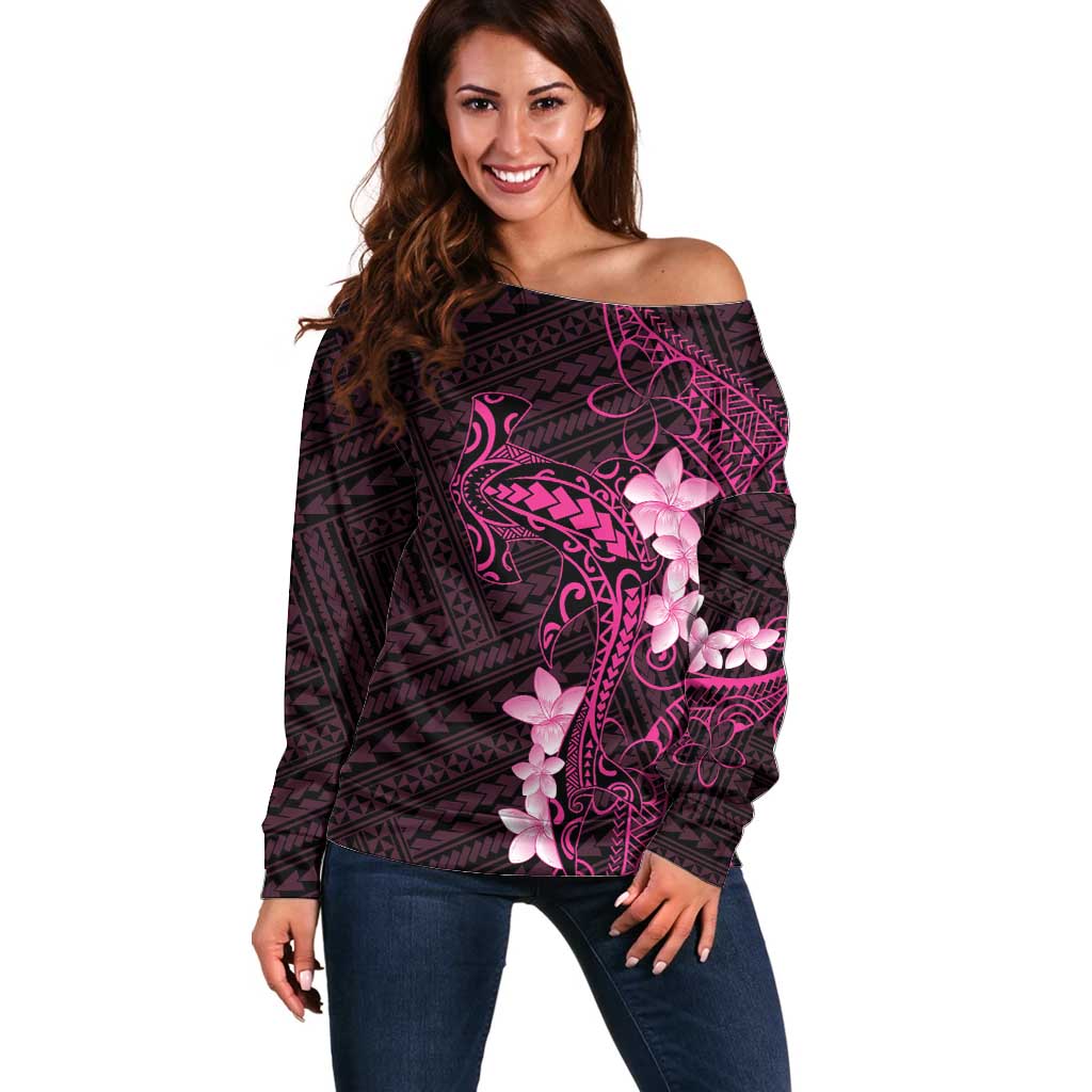 Pink Hawaii Off Shoulder Sweater Hammerhead Shark Tattoo Curve Polynesian - Polynesian Pride