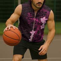 Pink Hawaii Sleeveless Zip Hoodie Hammerhead Shark Tattoo Curve Polynesian - Polynesian Pride