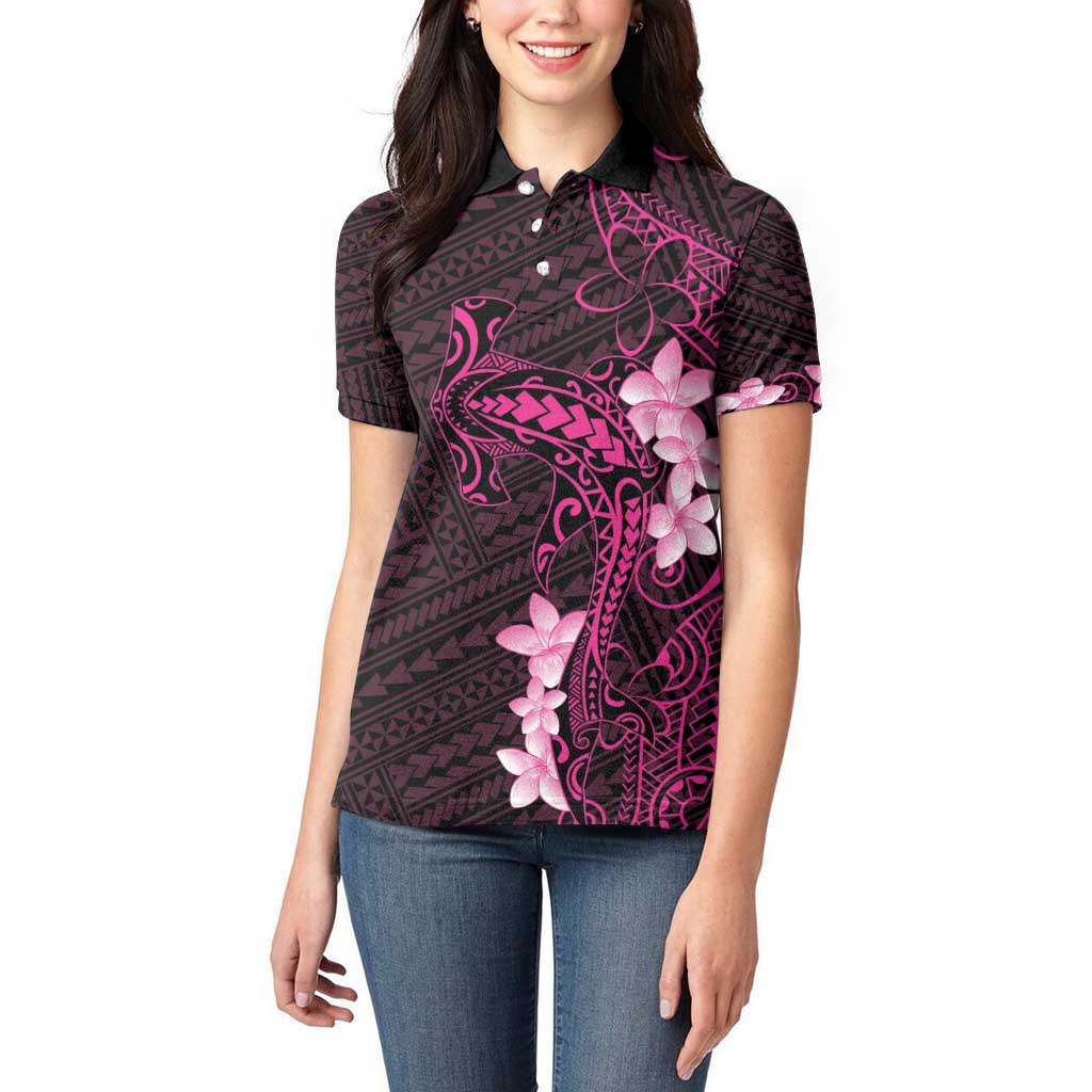 Pink Hawaii Women Polo Shirt Hammerhead Shark Tattoo Curve Polynesian - Polynesian Pride