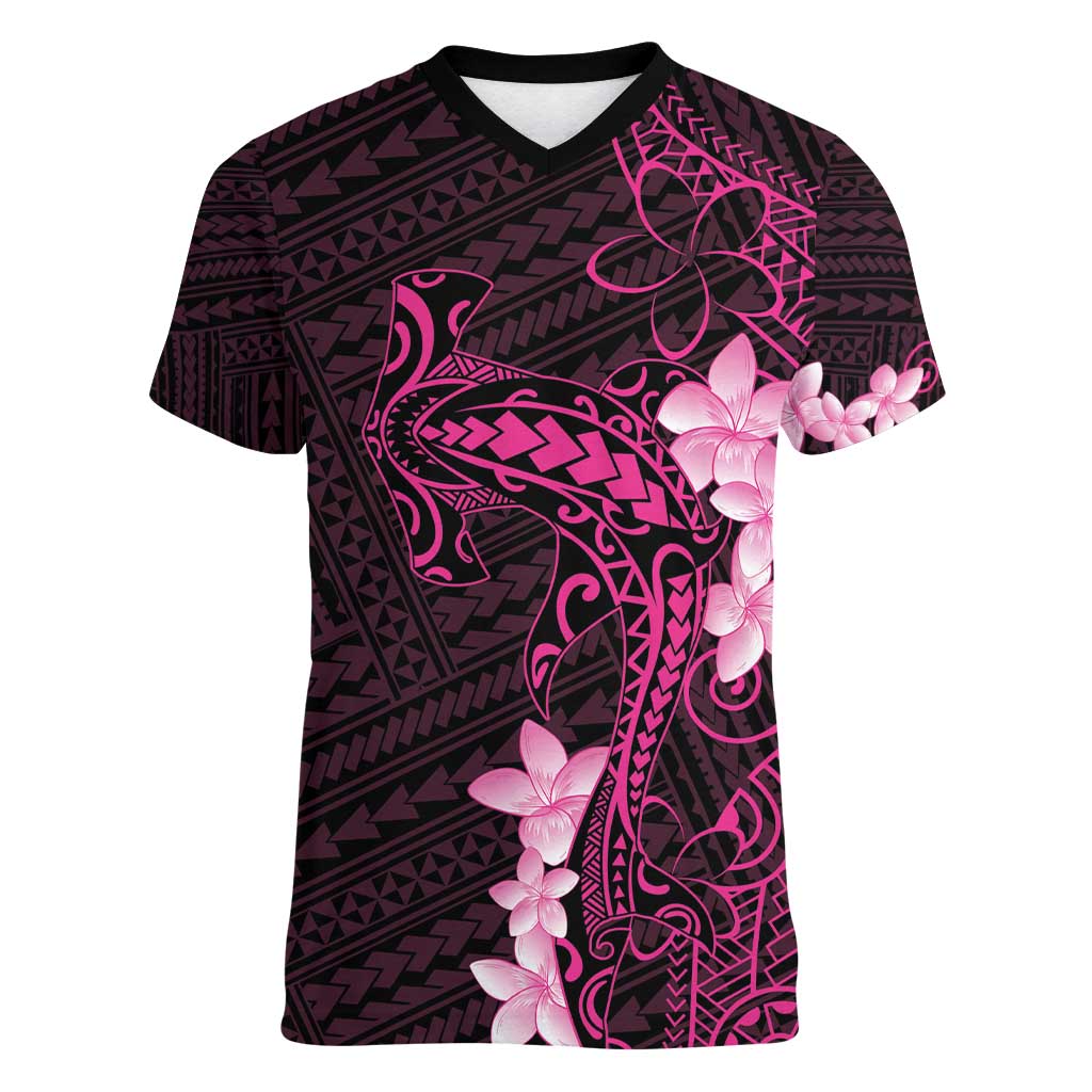 Pink Hawaii Women V-Neck T-Shirt Hammerhead Shark Tattoo Curve Polynesian - Polynesian Pride