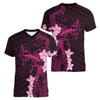 Pink Hawaii Women V-Neck T-Shirt Hammerhead Shark Tattoo Curve Polynesian - Polynesian Pride