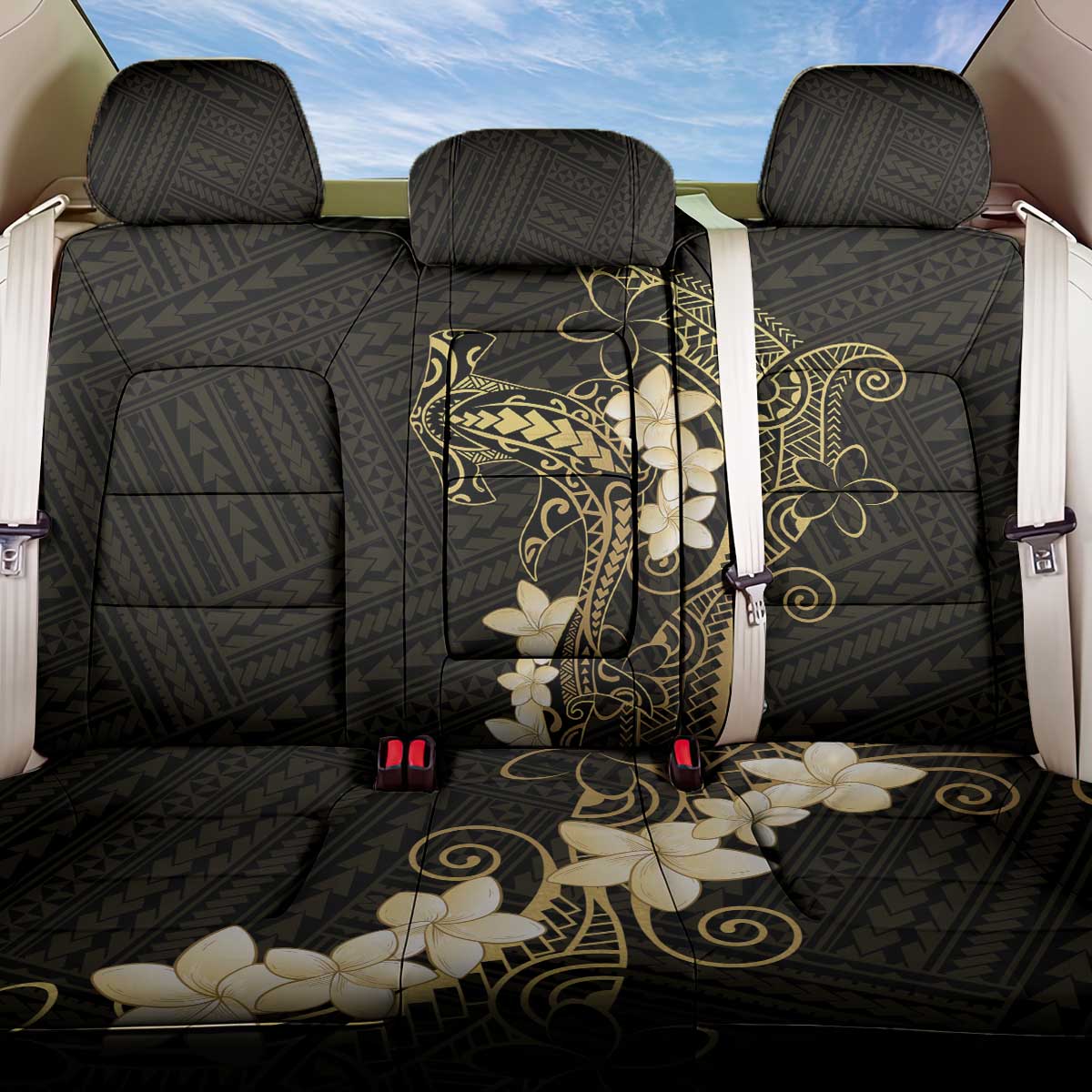 Black and Gold Hawaii Back Car Seat Cover Hammerhead Shark Tattoo Curve Polynesian - Polynesian Pride