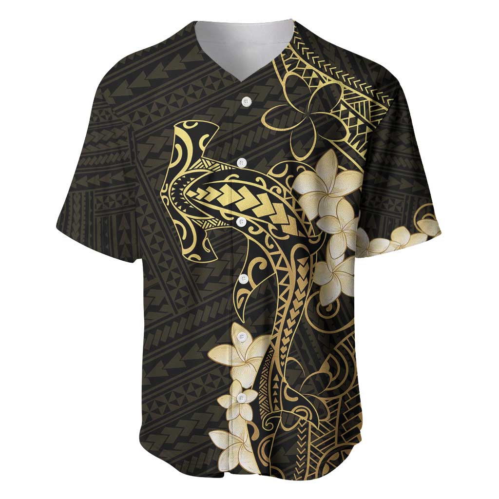 Black and Gold Hawaii Baseball Jersey Hammerhead Shark Tattoo Curve Polynesian - Polynesian Pride