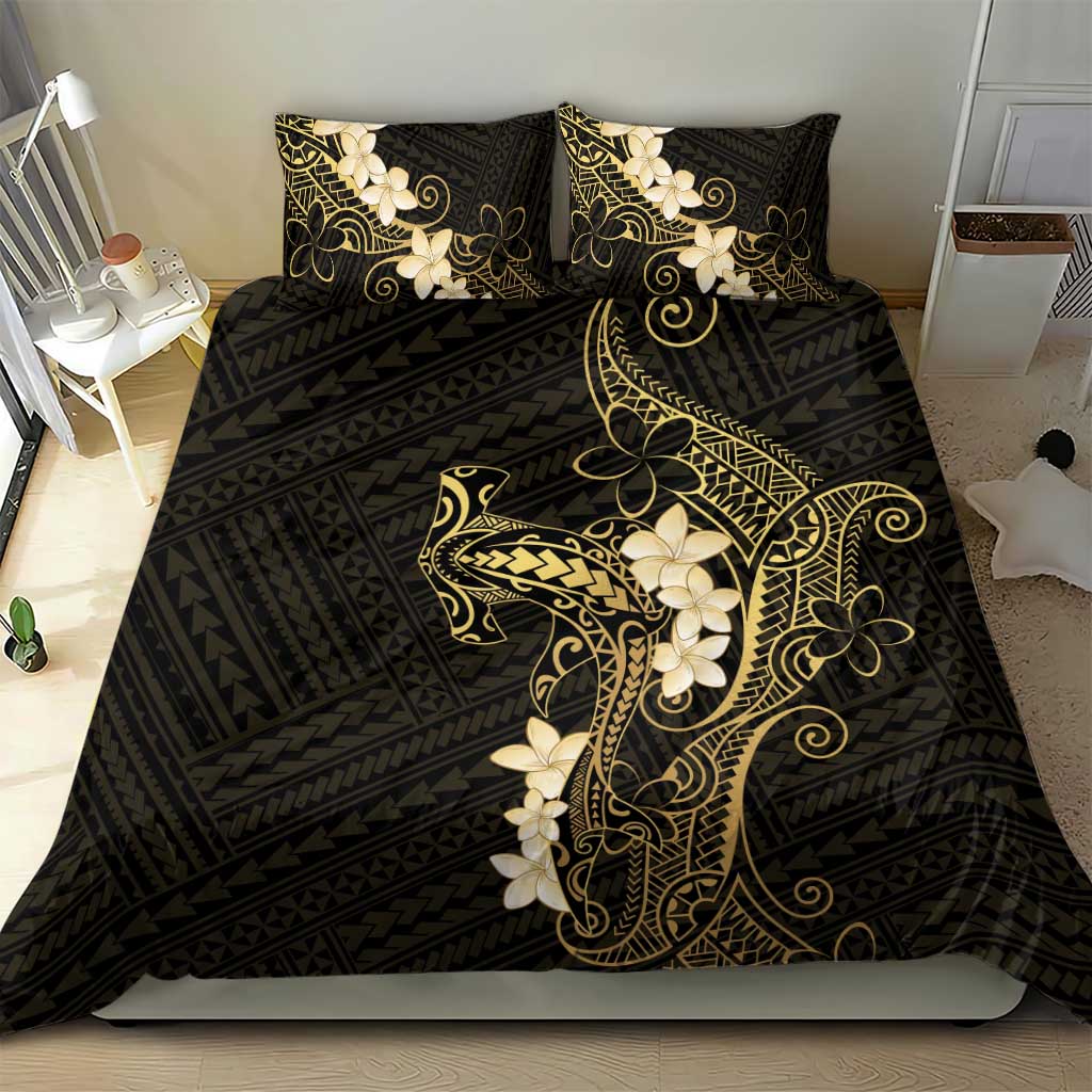Black and Gold Hawaii Bedding Set Hammerhead Shark Tattoo Curve Polynesian - Polynesian Pride