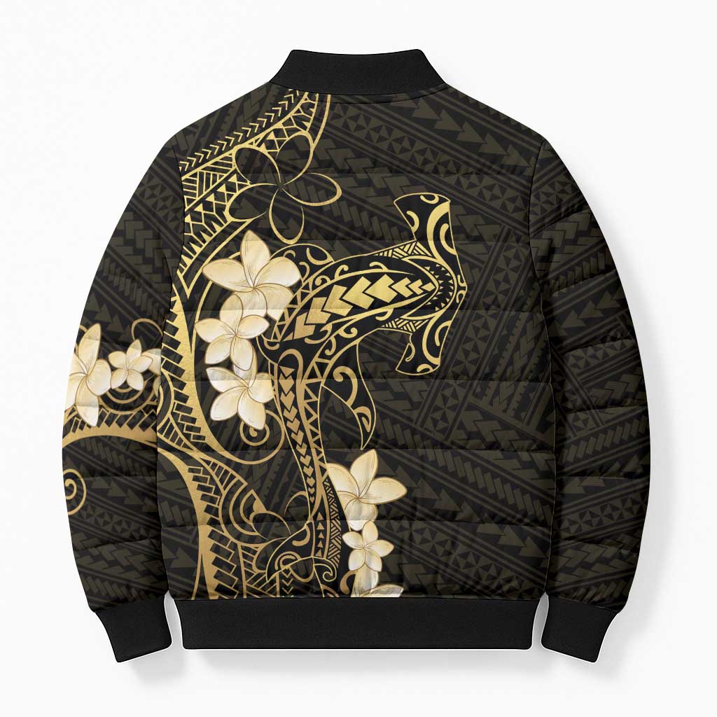Black and Gold Hawaii Bomber Puffer Jacket Hammerhead Shark Tattoo Curve Polynesian - Polynesian Pride
