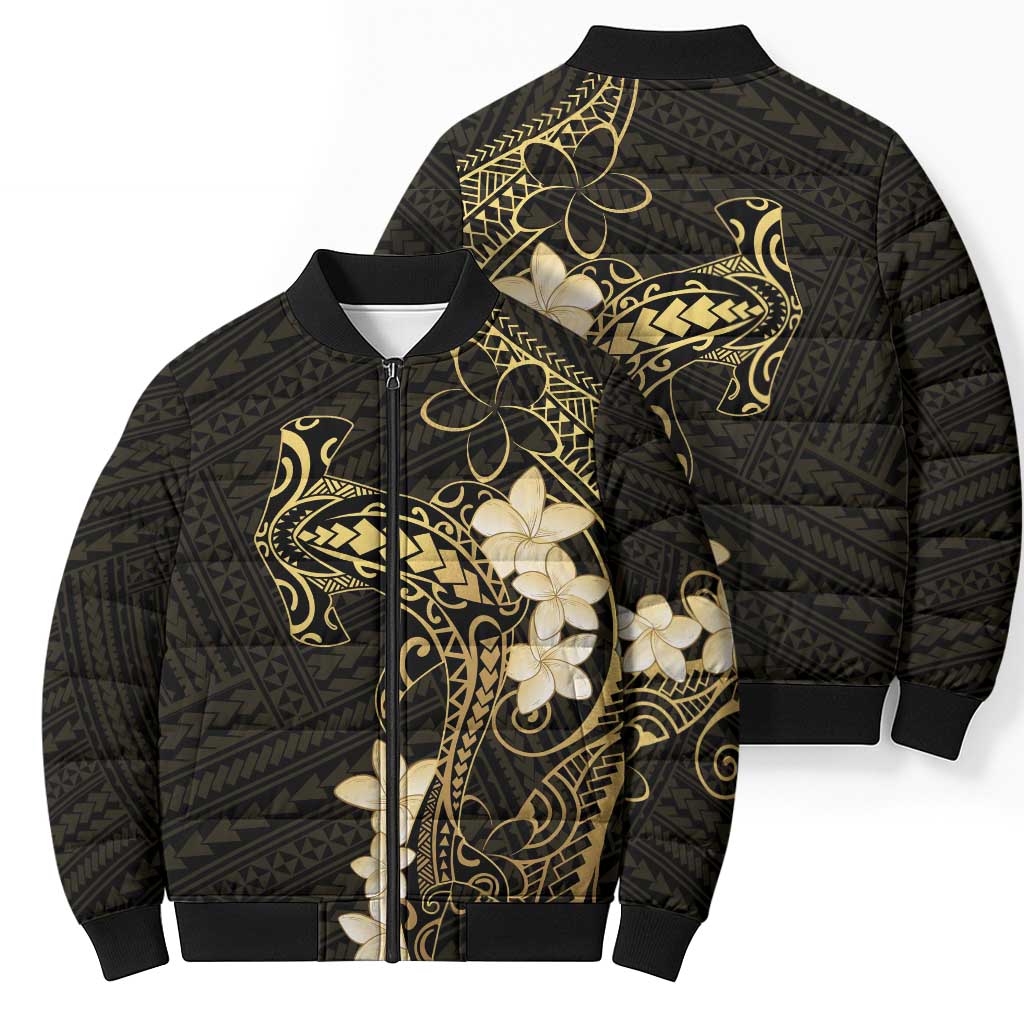 Black and Gold Hawaii Bomber Puffer Jacket Hammerhead Shark Tattoo Curve Polynesian - Polynesian Pride