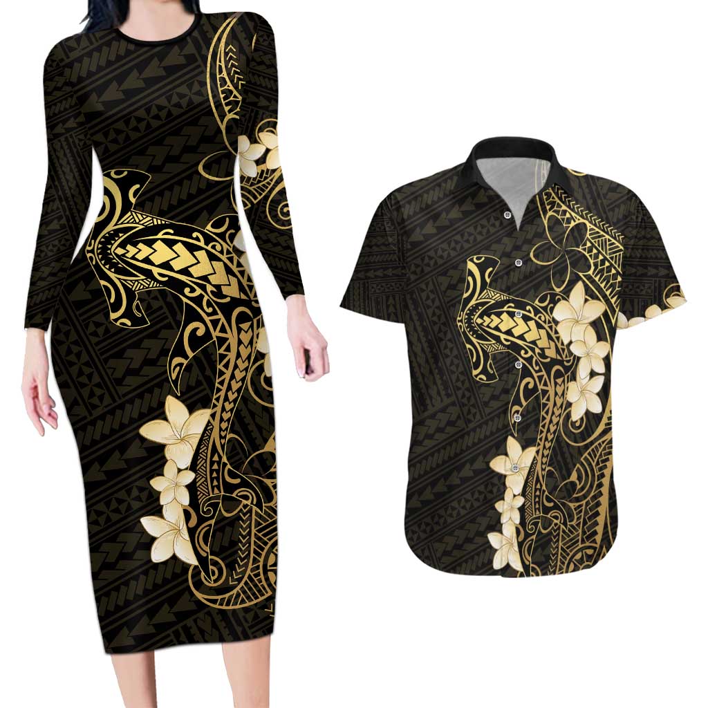 Black and Gold Hawaii Couples Matching Long Sleeve Bodycon Dress and Hawaiian Shirt Hammerhead Shark Tattoo Curve Polynesian LT14 Black - Polynesian Pride