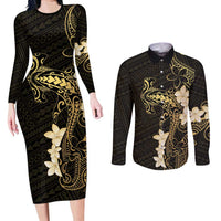 Black and Gold Hawaii Couples Matching Long Sleeve Bodycon Dress and Long Sleeve Button Shirt Hammerhead Shark Tattoo Curve Polynesian - Polynesian Pride