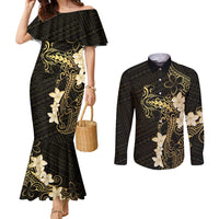 Black and Gold Hawaii Couples Matching Mermaid Dress and Long Sleeve Button Shirt Hammerhead Shark Tattoo Curve Polynesian - Polynesian Pride