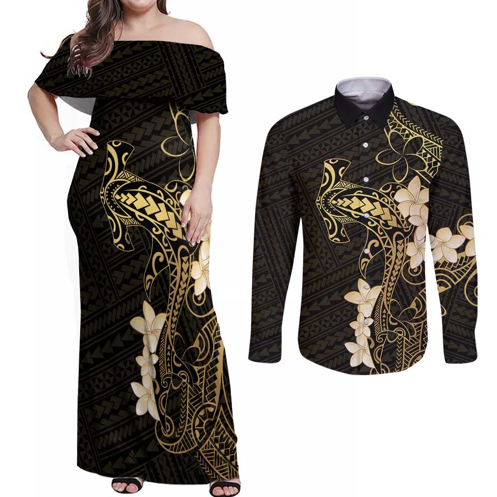 Black and Gold Hawaii Couples Matching Off Shoulder Maxi Dress and Long Sleeve Button Shirt Hammerhead Shark Tattoo Curve Polynesian - Polynesian Pride