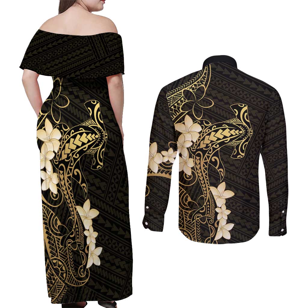 Black and Gold Hawaii Couples Matching Off Shoulder Maxi Dress and Long Sleeve Button Shirt Hammerhead Shark Tattoo Curve Polynesian - Polynesian Pride