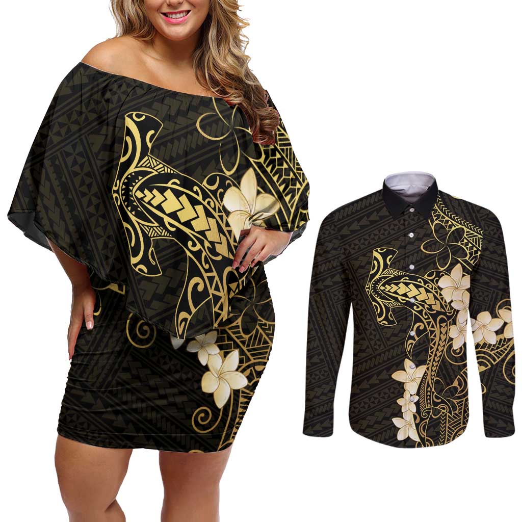 Black and Gold Hawaii Couples Matching Off Shoulder Short Dress and Long Sleeve Button Shirt Hammerhead Shark Tattoo Curve Polynesian - Polynesian Pride