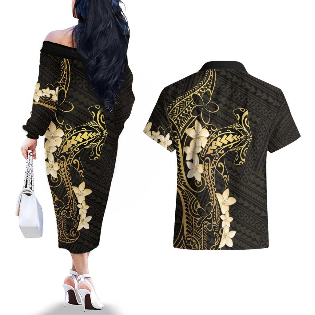 Black and Gold Hawaii Couples Matching Off The Shoulder Long Sleeve Dress and Hawaiian Shirt Hammerhead Shark Tattoo Curve Polynesian LT14 - Polynesian Pride