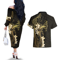 Black and Gold Hawaii Couples Matching Off The Shoulder Long Sleeve Dress and Hawaiian Shirt Hammerhead Shark Tattoo Curve Polynesian LT14 - Polynesian Pride