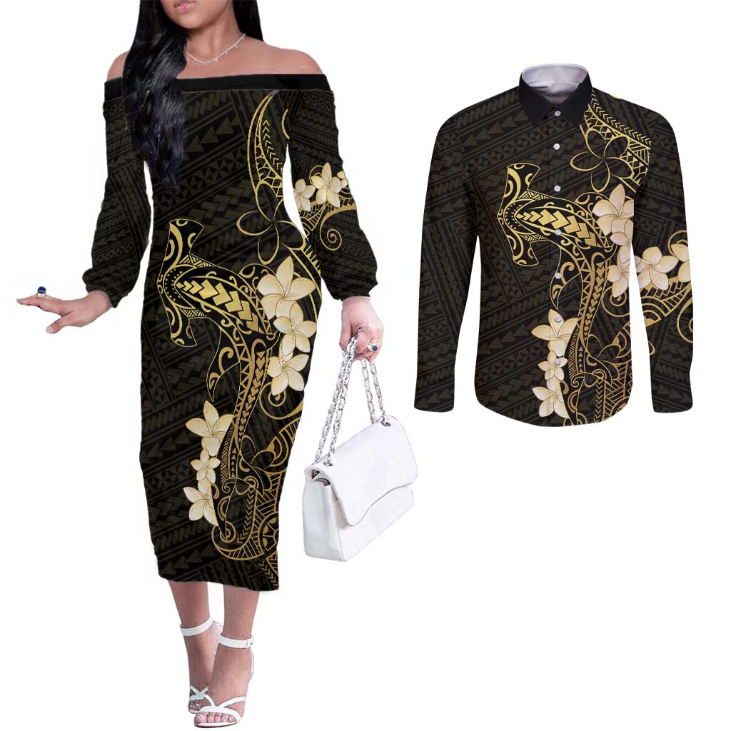 Black and Gold Hawaii Couples Matching Off The Shoulder Long Sleeve Dress and Long Sleeve Button Shirt Hammerhead Shark Tattoo Curve Polynesian - Polynesian Pride