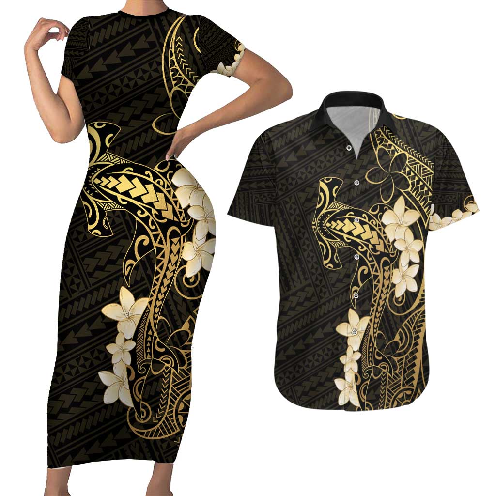 Black and Gold Hawaii Couples Matching Short Sleeve Bodycon Dress and Hawaiian Shirt Hammerhead Shark Tattoo Curve Polynesian LT14 Black - Polynesian Pride