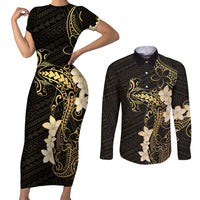 Black and Gold Hawaii Couples Matching Short Sleeve Bodycon Dress and Long Sleeve Button Shirt Hammerhead Shark Tattoo Curve Polynesian - Polynesian Pride
