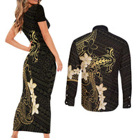 Black and Gold Hawaii Couples Matching Short Sleeve Bodycon Dress and Long Sleeve Button Shirt Hammerhead Shark Tattoo Curve Polynesian - Polynesian Pride