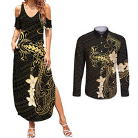 Black and Gold Hawaii Couples Matching Summer Maxi Dress and Long Sleeve Button Shirt Hammerhead Shark Tattoo Curve Polynesian - Polynesian Pride