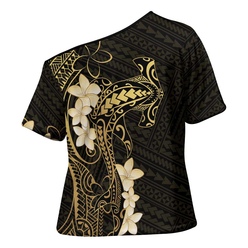 Black and Gold Hawaii Cross Shoulder Shirt Hammerhead Shark Tattoo Curve Polynesian - Polynesian Pride