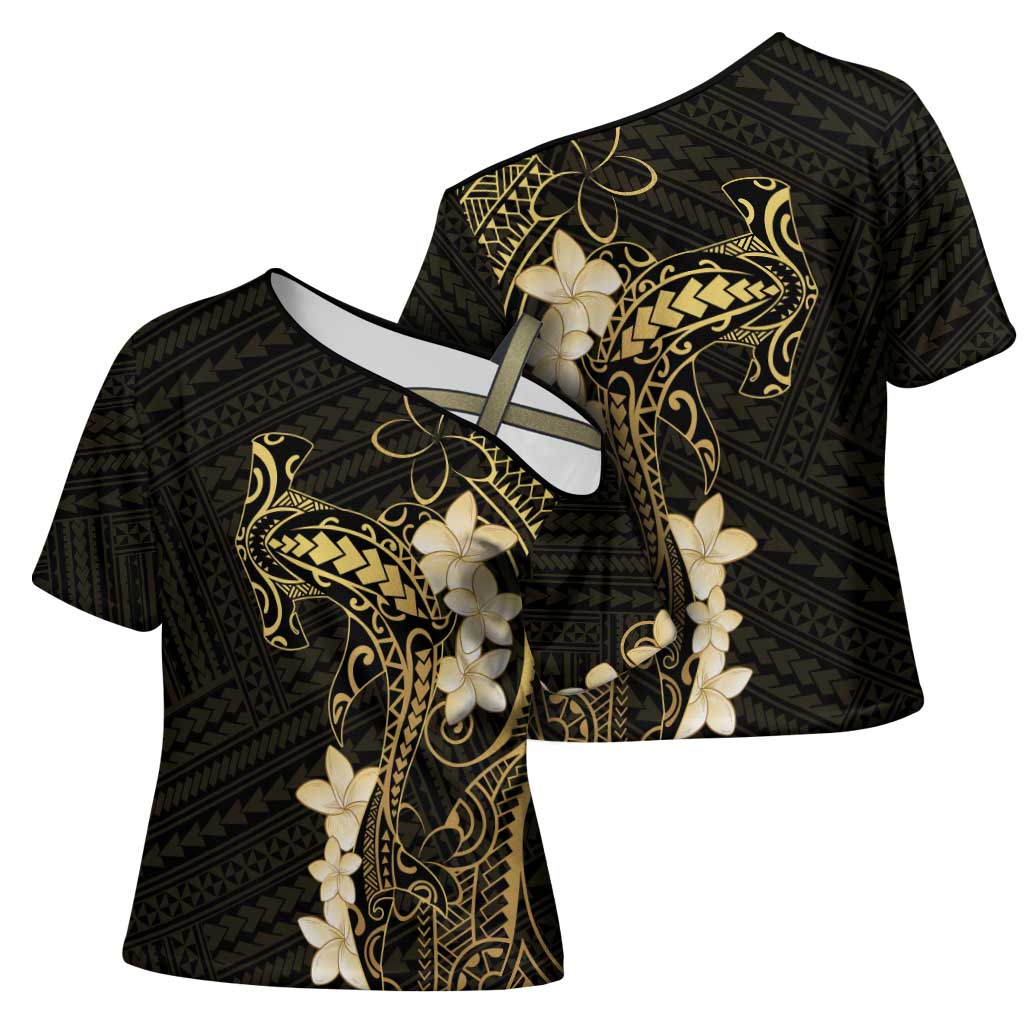 Black and Gold Hawaii Cross Shoulder Shirt Hammerhead Shark Tattoo Curve Polynesian - Polynesian Pride