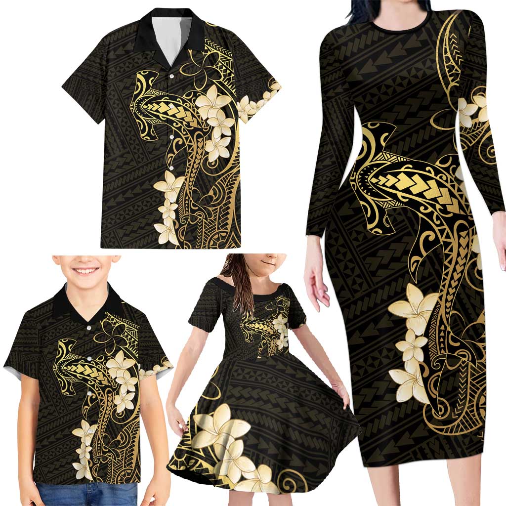 Black and Gold Hawaii Family Matching Long Sleeve Bodycon Dress and Hawaiian Shirt Hammerhead Shark Tattoo Curve Polynesian - Polynesian Pride