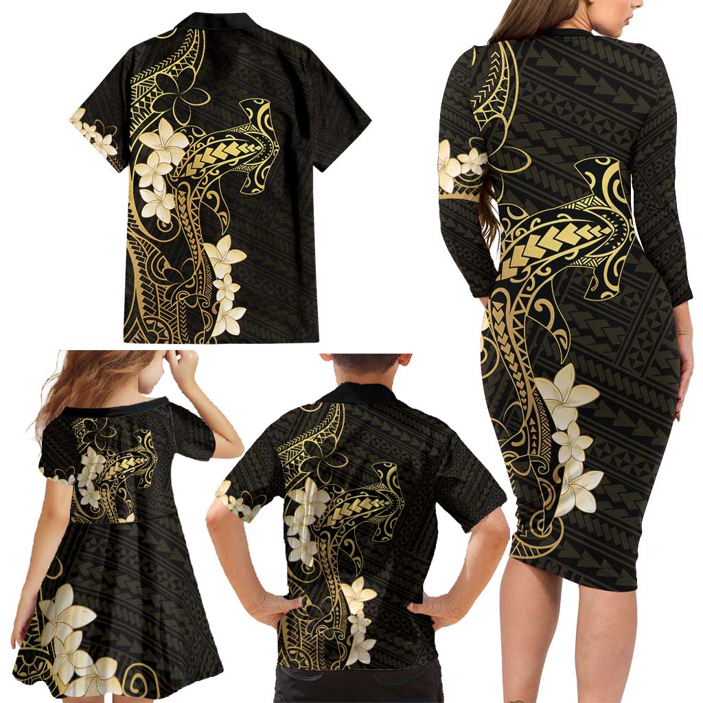 Black and Gold Hawaii Family Matching Long Sleeve Bodycon Dress and Hawaiian Shirt Hammerhead Shark Tattoo Curve Polynesian - Polynesian Pride
