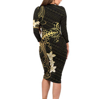 Black and Gold Hawaii Family Matching Long Sleeve Bodycon Dress and Hawaiian Shirt Hammerhead Shark Tattoo Curve Polynesian - Polynesian Pride