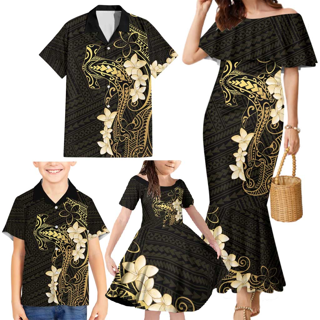 Black and Gold Hawaii Family Matching Mermaid Dress and Hawaiian Shirt Hammerhead Shark Tattoo Curve Polynesian - Polynesian Pride