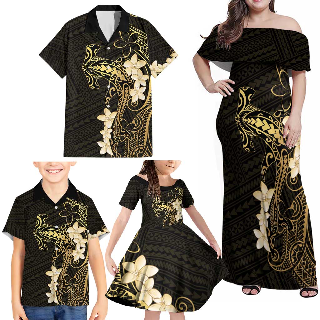Black and Gold Hawaii Family Matching Off Shoulder Maxi Dress and Hawaiian Shirt Hammerhead Shark Tattoo Curve Polynesian - Polynesian Pride