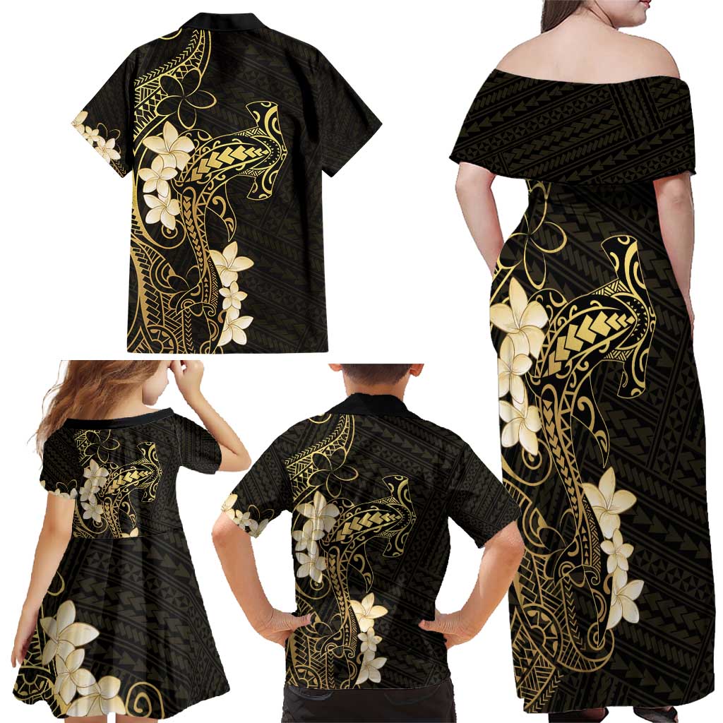 Black and Gold Hawaii Family Matching Off Shoulder Maxi Dress and Hawaiian Shirt Hammerhead Shark Tattoo Curve Polynesian - Polynesian Pride