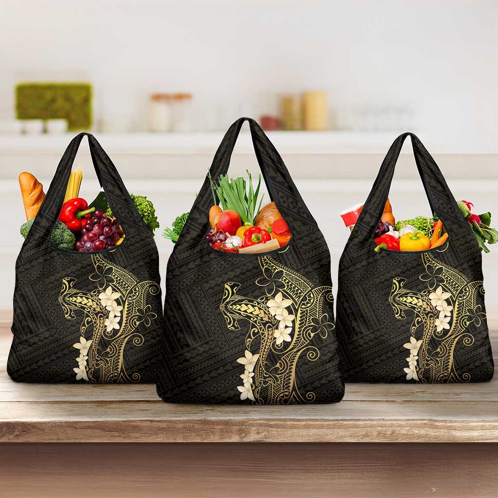 Black and Gold Hawaii Grocery Bag Hammerhead Shark Tattoo Curve Polynesian - Polynesian Pride