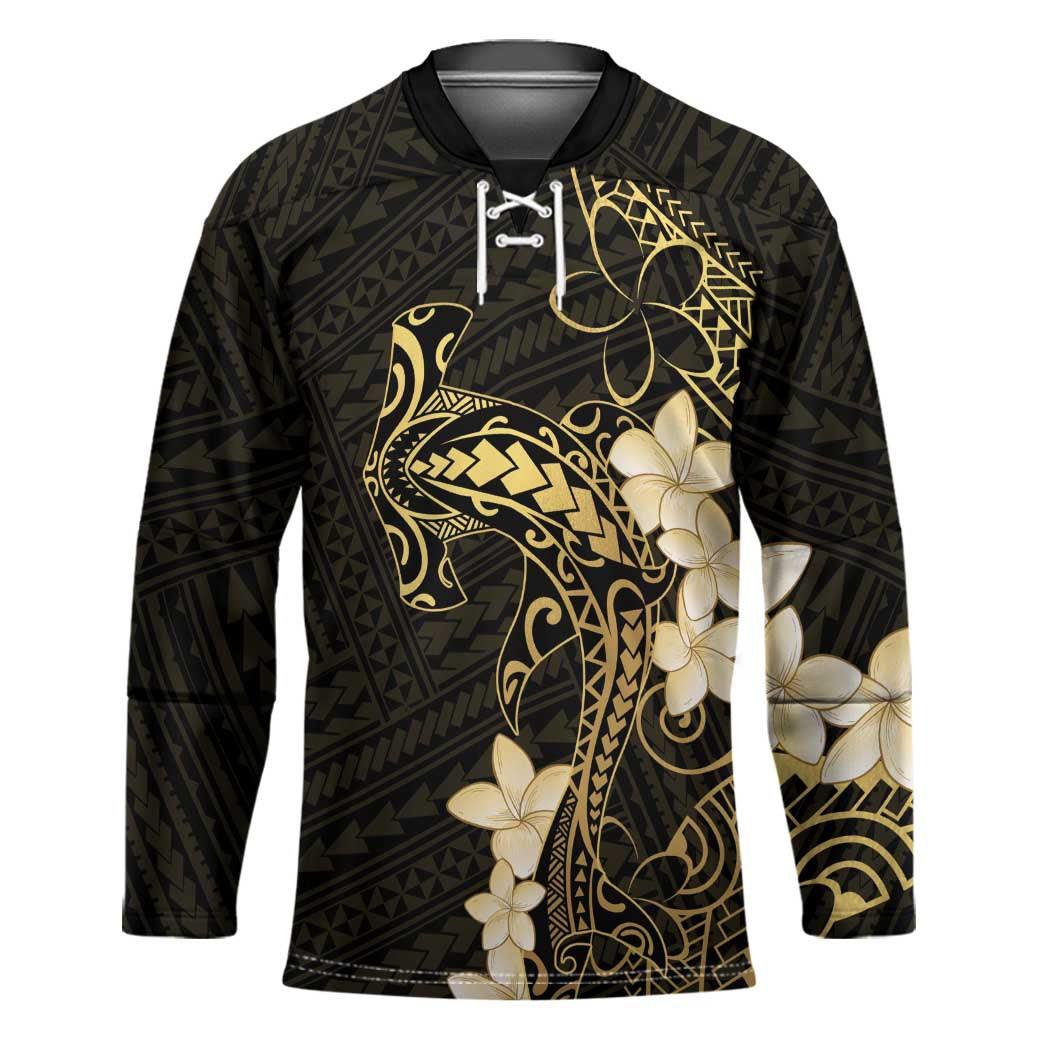 Black and Gold Hawaii Hockey Jersey Hammerhead Shark Tattoo Curve Polynesian - Polynesian Pride