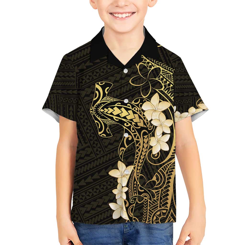 Black and Gold Hawaii Kid Hawaiian Shirt Hammerhead Shark Tattoo Curve Polynesian - Polynesian Pride