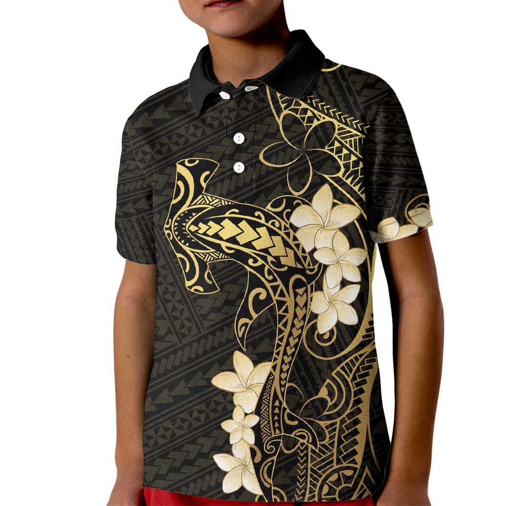 Black and Gold Hawaii Kid Polo Shirt Hammerhead Shark Tattoo Curve Polynesian - Polynesian Pride