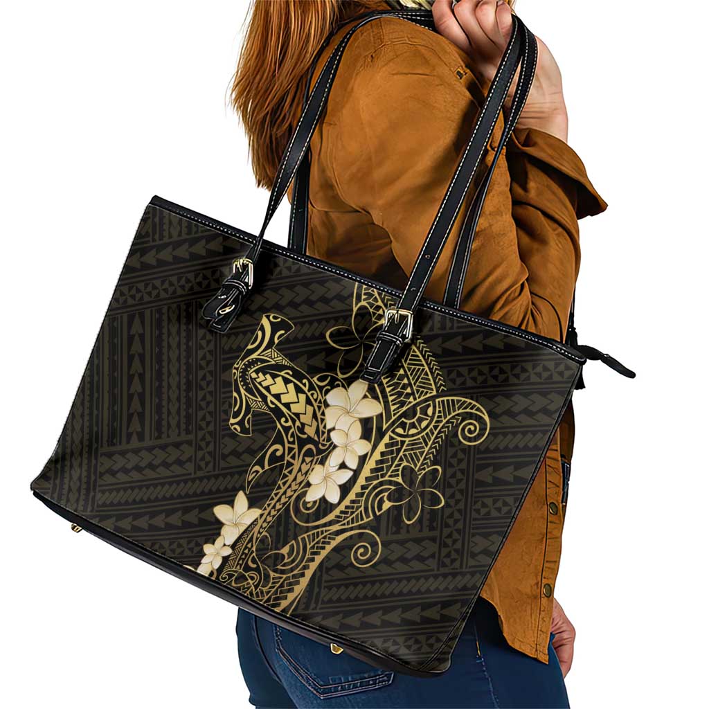 Black and Gold Hawaii Leather Tote Bag Hammerhead Shark Tattoo Curve Polynesian - Polynesian Pride
