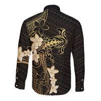 Black and Gold Hawaii Long Sleeve Button Shirt Hammerhead Shark Tattoo Curve Polynesian - Polynesian Pride