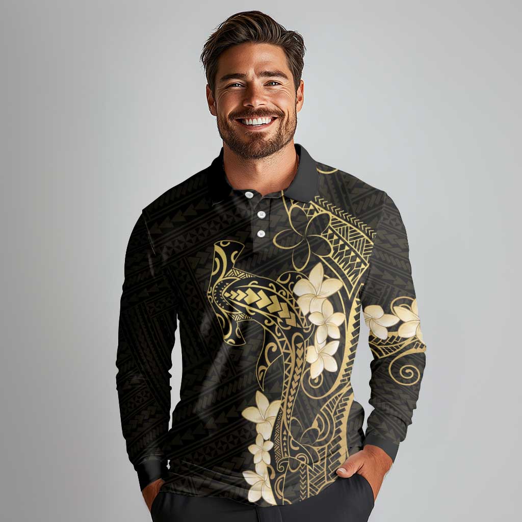 Black and Gold Hawaii Long Sleeve Polo Shirt Hammerhead Shark Tattoo Curve Polynesian - Polynesian Pride