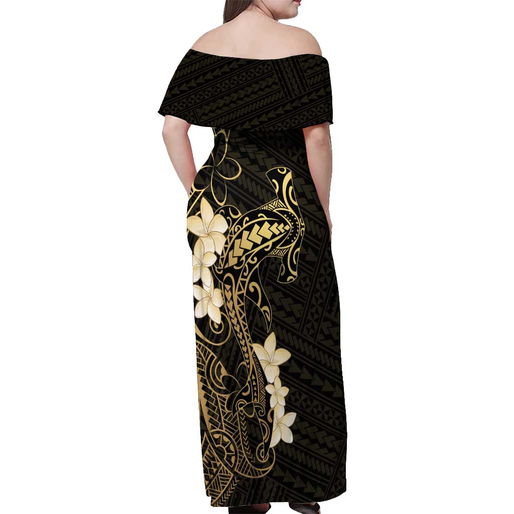 Black and Gold Hawaii Off Shoulder Maxi Dress Hammerhead Shark Tattoo Curve Polynesian - Polynesian Pride