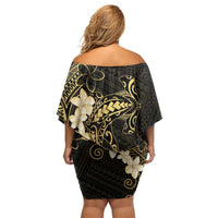 Black and Gold Hawaii Off Shoulder Short Dress Hammerhead Shark Tattoo Curve Polynesian - Polynesian Pride