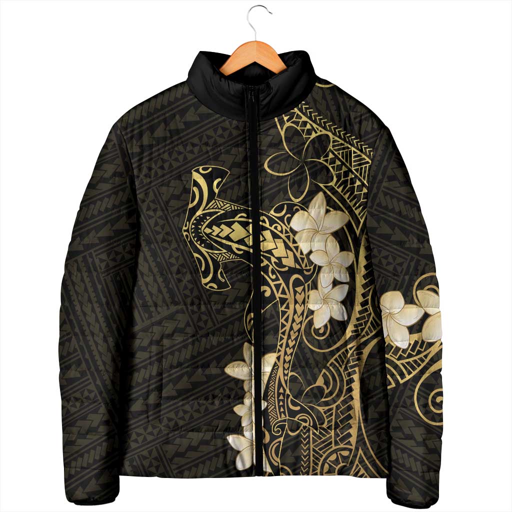 Black and Gold Hawaii Padded Jacket Hammerhead Shark Tattoo Curve Polynesian - Polynesian Pride