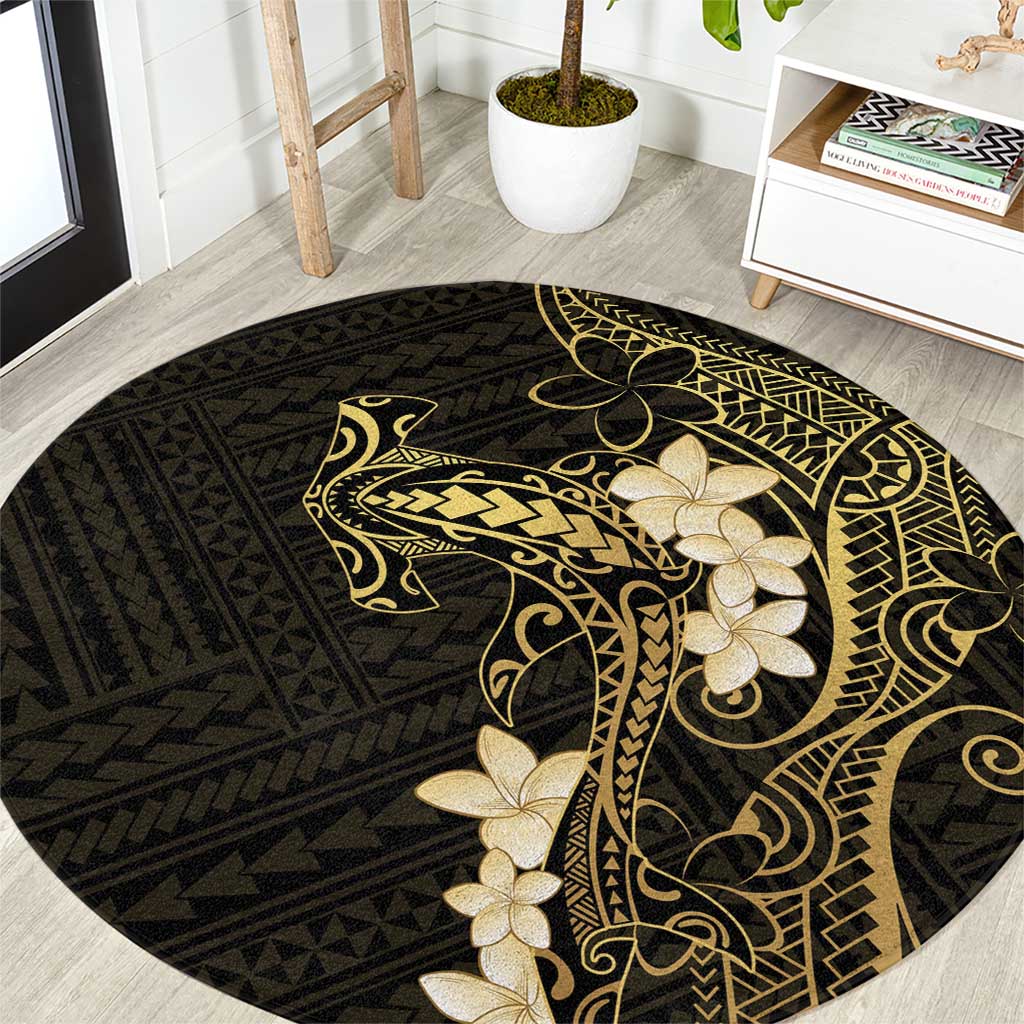 Black and Gold Hawaii Round Carpet Hammerhead Shark Tattoo Curve Polynesian - Polynesian Pride