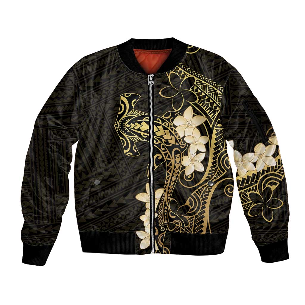 Black and Gold Hawaii Sleeve Zip Bomber Jacket Hammerhead Shark Tattoo Curve Polynesian - Polynesian Pride